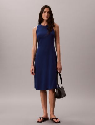 Embroidered Monogram Rib Midi Tank Dress, Estate Blue