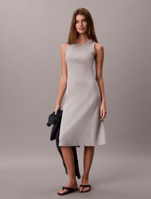 Embroidered Monogram Rib Midi Tank Dress, Grey Heather