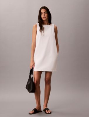 V-Neck Denim Shift Dress, Chalk White