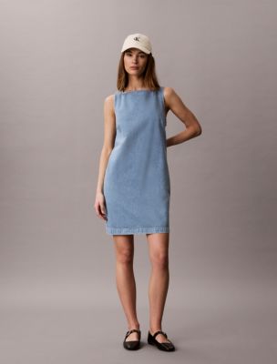 V-Neck Denim Shift Dress, Ck Aquatic