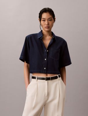 Lyocell Blend Cropped Boxy Shirt, Crisp Sky