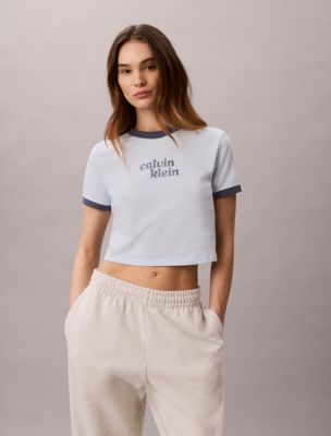Logo Graphic Cropped Ringer T-Shirt, Blue Dream