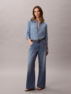 Linen Blend Wide Leg Jeans, Landmark Blue
