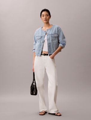 Cropped Collarless Denim Trucker Jacket