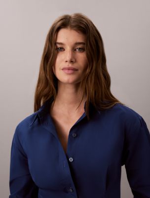 Женское платье Calvin Klein Cotton Poplin Mini Shirt Dress, цвет: Синий — фото 4