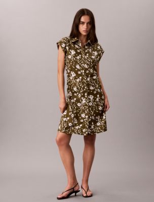 Printed Lyocell Pleated Shirt Dress, Splatter Floral Dark Olive Tofu