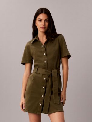 Stretch Twill Belted Dress, Olive Night