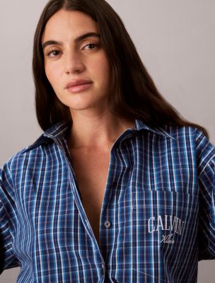 Женская рубашка Calvin Klein Cotton Poplin Relaxed, цвет: Клетчатый синий / Синий — фото 3