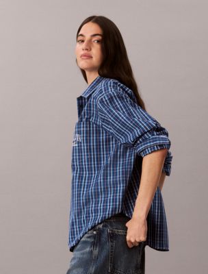 Женская рубашка Calvin Klein Cotton Poplin Relaxed, цвет: Клетчатый синий / Синий — фото 4