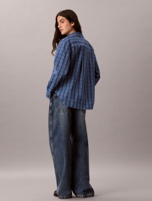 Женская рубашка Calvin Klein Cotton Poplin Relaxed, цвет: Клетчатый синий / Синий — фото 5