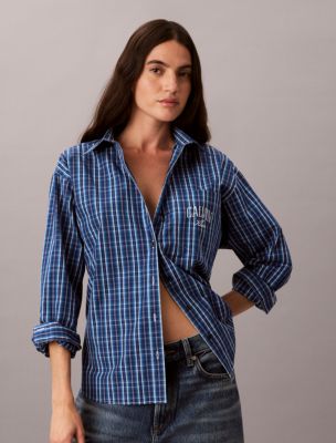 Cotton Poplin Relaxed Shirt, Haute Check Estate Blue / Winter Blue