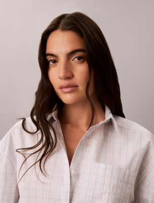 Женская рубашка Calvin Klein Yarn-Dyed Cotton Poplin Cropped Shirt, цвет: Ashes Of Roses — фото 3