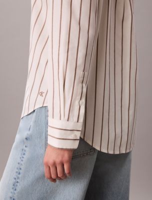 Женская рубашка Calvin Klein Yarn-Dyed Poplin Cotton Button-Down, цвет: Полосатый молочный / Какао — фото 3