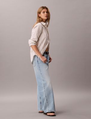 Женская рубашка Calvin Klein Yarn-Dyed Poplin Cotton Button-Down, цвет: Полосатый молочный / Какао — фото 4