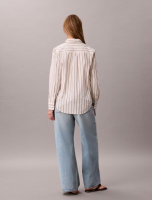 Женская рубашка Calvin Klein Yarn-Dyed Poplin Cotton Button-Down, цвет: Полосатый молочный / Какао — фото 5