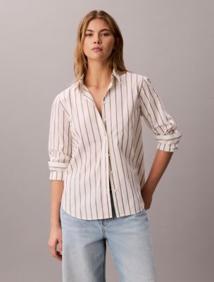 Yarn-Dyed Poplin Cotton Button-Down Shirt, Simple Stripe Tofu / Cacao