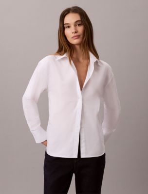 Poplin Cotton Relaxed Button-Down Shirt, Brilliant White