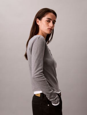 Женский топ Calvin Klein Cotton Modal Rib Henley Top, цвет: Серый меланжевый — фото 3