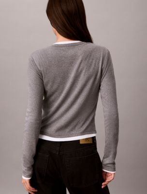 Женский топ Calvin Klein Cotton Modal Rib Henley Top, цвет: Серый меланжевый — фото 4