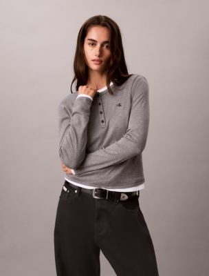 Cotton Modal Rib Henley Top, Grey Heather