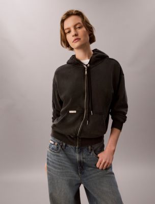 Denim Wash French Terry Zip Sweatshirt, Black