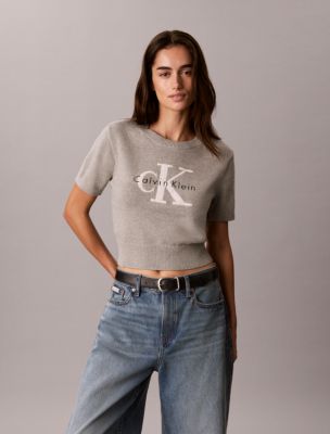 Calvin Klein Jeans Est.1978 Calvin Klein Women's Monologo Short Sleeve Sweater In Grey Heather