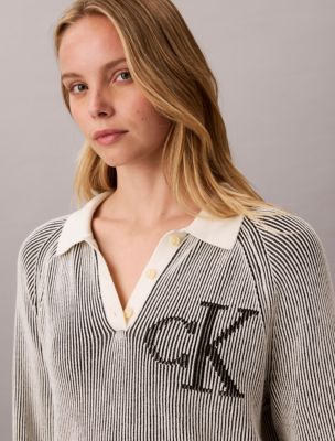 Женский свитер Calvin Klein Bicolor Rib Monogram Polo Sweater, цвет: Чёрный комбинированный — фото 3