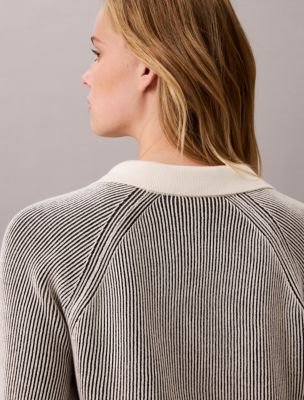 Женский свитер Calvin Klein Bicolor Rib Monogram Polo Sweater, цвет: Чёрный комбинированный — фото 5