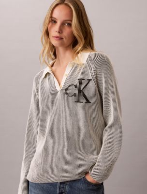 Женский свитер Calvin Klein Bicolor Rib Monogram Polo Sweater, цвет: Чёрный комбинированный — фото 6