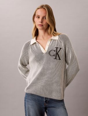 Calvin Klein Jeans Est.1978 Calvin Klein Women's Bicolor Rib Monogram Polo Sweater In Black Combo