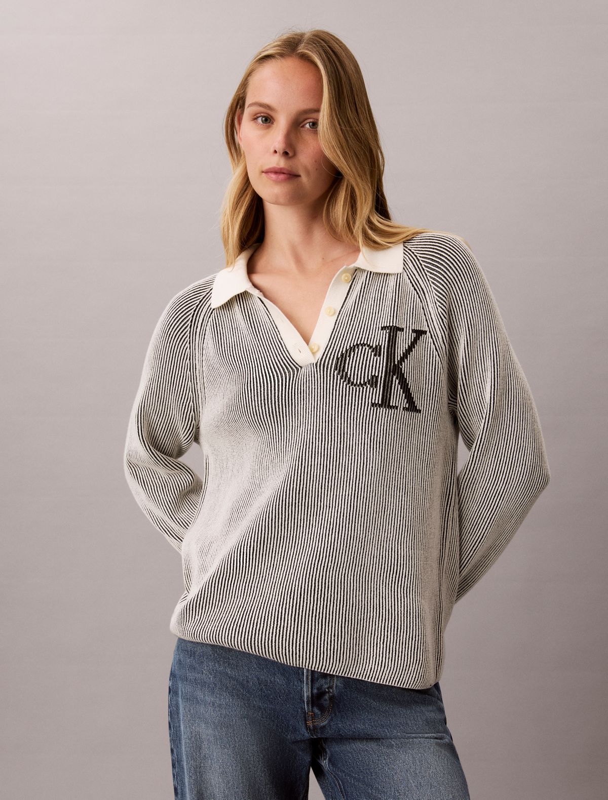 Bicolor Rib Monogram Polo Sweater