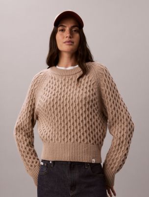 Merino Wool Blend Cable Knit Sweater, Roasted Cashew