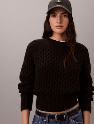 Merino Wool Blend Cable Knit Sweater, Black