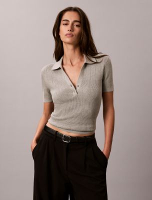 Smooth Cotton Rib Polo Sweater, Grey Heather