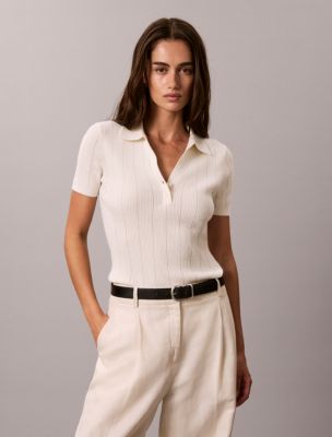 Smooth Cotton Rib Polo Sweater, Tofu