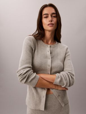 Smooth Cotton Rib Cardigan Sweater, Grey Heather