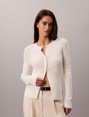 Smooth Cotton Rib Cardigan Sweater, Tofu