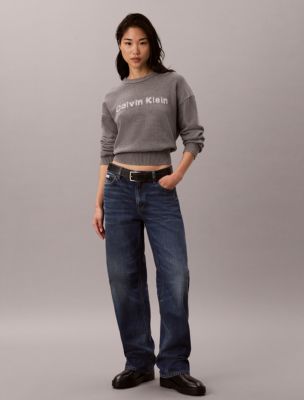 Женский укороченный свитер Calvin Klein с логотипом, цвет: Серый меланжевый — фото 2