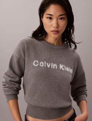 Женский укороченный свитер Calvin Klein с логотипом, цвет: Серый меланжевый — фото 1