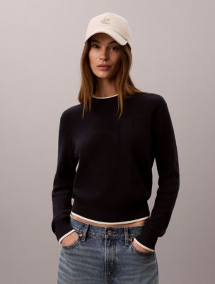 Smooth Cotton Monogram Tipping Sweater, Dark Sapphire