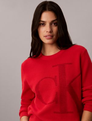 Женский свитер Calvin Klein из гладкого хлопка с люрексом и монограммой, цвет: Ягодный — фото 2