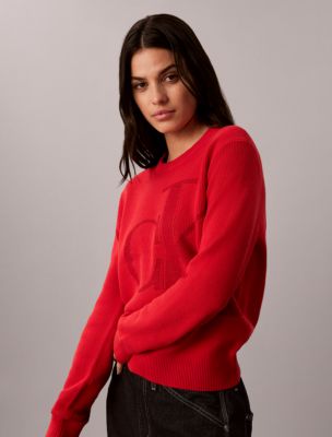Женский свитер Calvin Klein из гладкого хлопка с люрексом и монограммой, цвет: Ягодный — фото 4