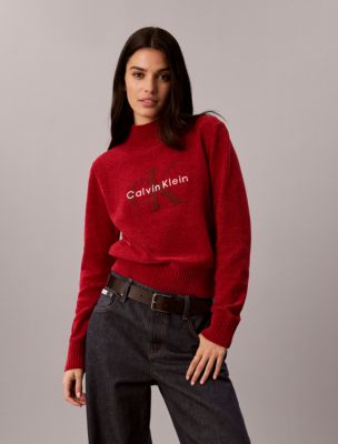 Женский свитер Calvin Klein из синели с высоким воротом и монограммой, цвет: Красный — фото 6
