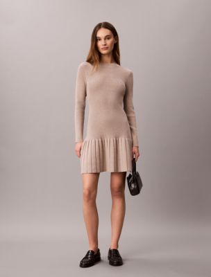 Mock Neck Ribbed Mini Dress, Oatmeal Melange