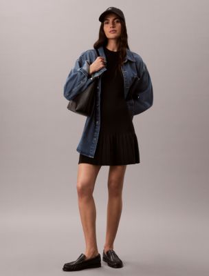 Mock Neck Ribbed Mini Dress, Black