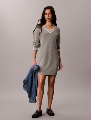 Woven Monologo Tunic V-Neck Dress, Grey Heather