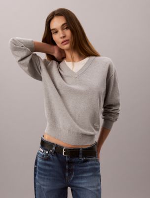 Женский свитер Calvin Klein Dual Layer Relaxed, цвет: Серый меланжевый — фото 4