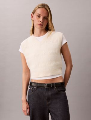 Wool Blend Textured Logo Sweater Vest, Tofu