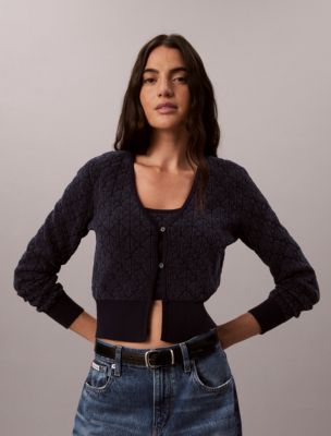 Calvin Klein Jeans Est.1978 Calvin Klein Women's Emblem Logo 2-in-1 Chenille Cardigan Set In Blue Nights