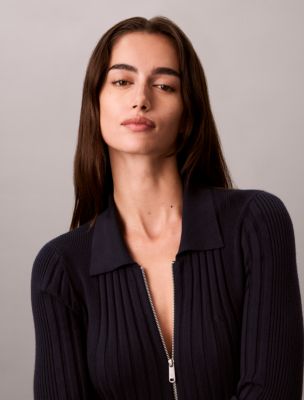 Женское платье Calvin Klein Ribbed Full Zip Polo, цвет: Тёмный сапфировый — фото 3